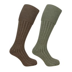 Hoggs of Fife 1902 Plain Turnover Top Stockings in Lovat/Oatmeal (Twin Pack)