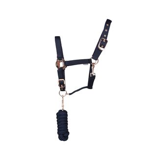 Hy Equestrian Rose Gold Headcollar &amp; Lead Rope Navy/Rose Gol Navy/Rose Gold