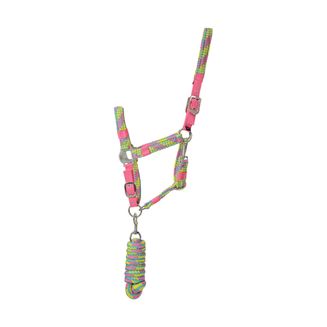 Hy Multicolour Adjustable Head Collar with Rope - Pink/Yellow/Teal