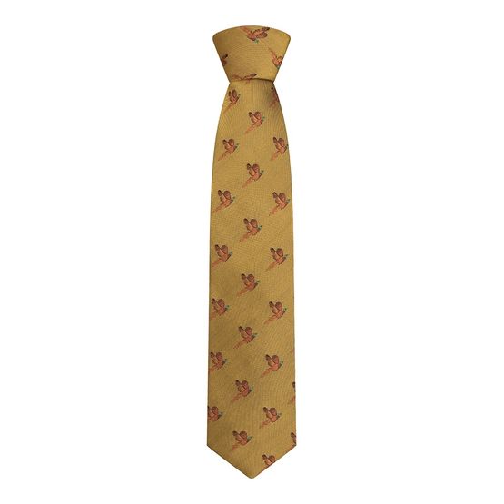 Hoggs of Fife 100% Silk Woven Gold Tie Pheasants Boxed
