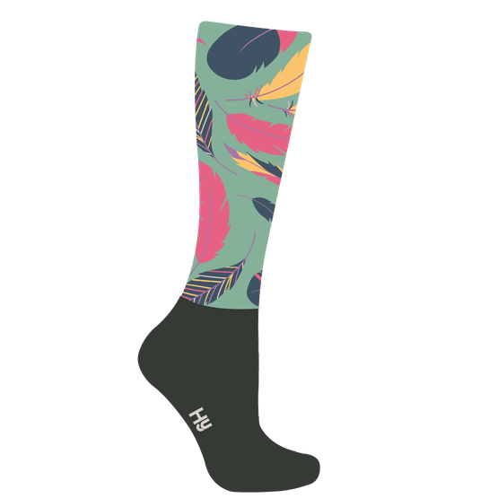 HyFASHION Enchanted Feather Pattern Riding Socks - Green/Gold/Pink/Black - Adult 4-8
